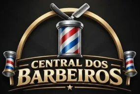 Logotipo Central dos Barbeiros: poste de barbeiro com navalha e pente e o nome em dourado